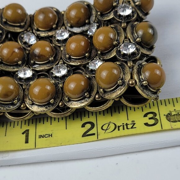 Brass-Tone Clear Rhinestones Brown Bead Statement Stretch Bracelet 6.5" - Picture 5 of 6